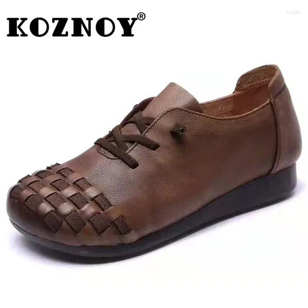 Sapatos casuais koznoy 2cm 2024 retro étnico genuíno de couro genuíno mamãe outono tecer feminino redondo dedo do pé