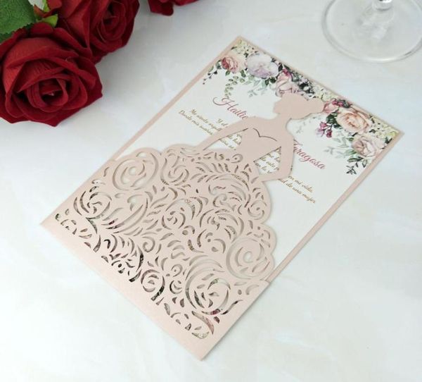 Blush Pink Flower Printing Girl Quinceanera convites com envelope 20color shiny princess sweet quinze festas de aniversário convite8621299