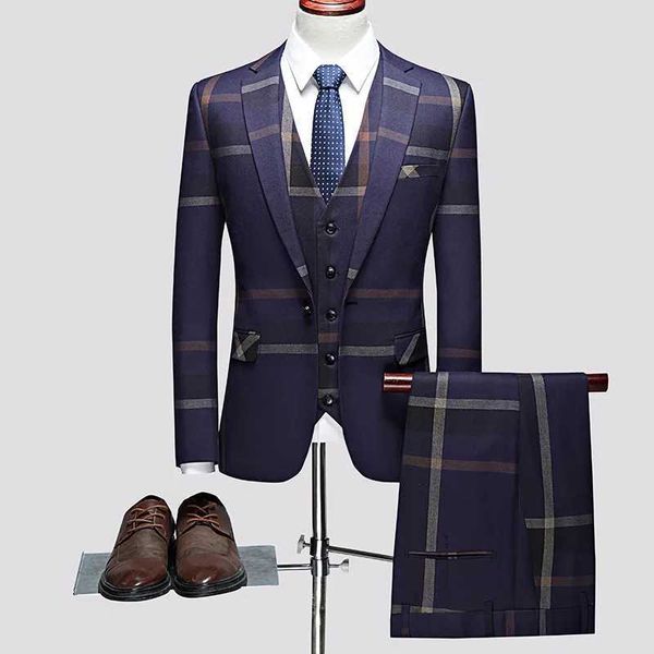 Ternos masculinos Blazers 3 PCs Ternos Definir calças de colete de casaco / 2023 Moda masculina Boutique Casual Business Plaid Slim Dress Formal Blazers Jaqueta Coloque