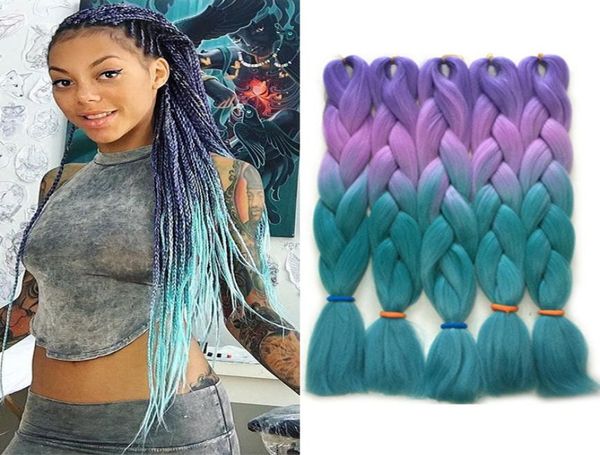 Фиолетовый синий зеленый четырехтонный омбр цвет Xpression Prawing Hair Extensions Kanekalon Высокотемпературные волокно -кроше для волос 248027507