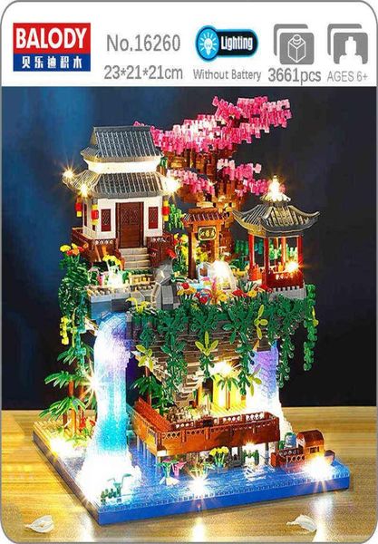 Balody 16260 Architecture Peach Tree House Pavilion Waterfall River LED LIGHT Mini Diamond Blocks Blocks Building Toy No Box Y4806166