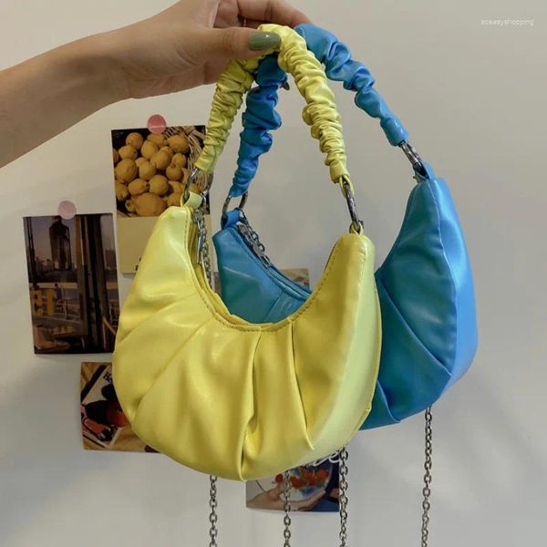 Bolsas de ombro Pu Couro Mulheres Crossbody Candy Color plissou -se feminino fêmea de metal fêmea de bolsas de bolsa