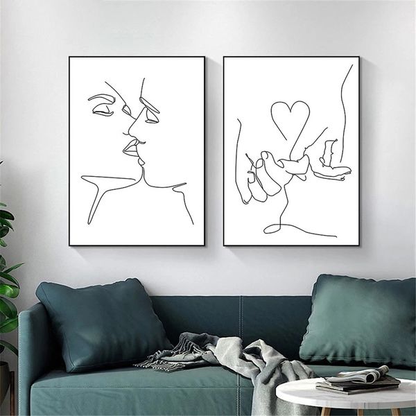 Desenho de linha preta e branca, casal beijo de tela imprime o coração pintando pintura de mão no poster de mão minimalista de fotos decoração de casa