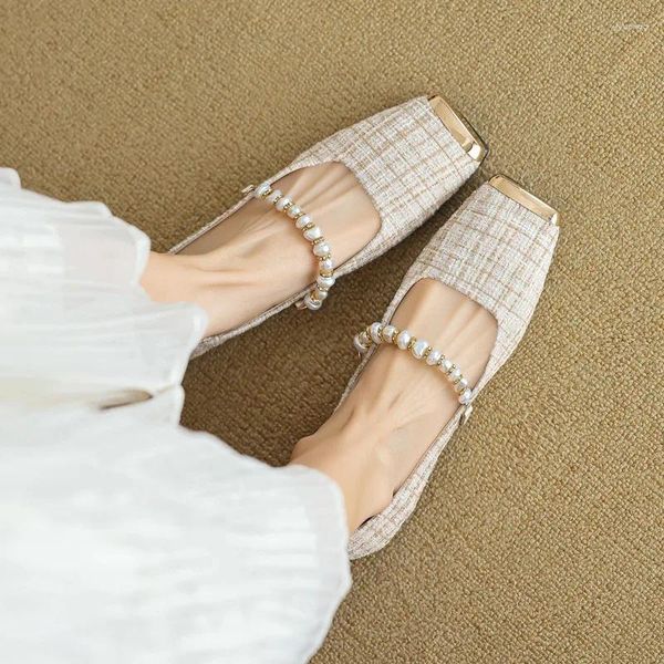 Casual Shoes Square Toe Flats Pearl Mary Jane 2024 Frühling/Sommer Frauen Designer flacher Büro Dame