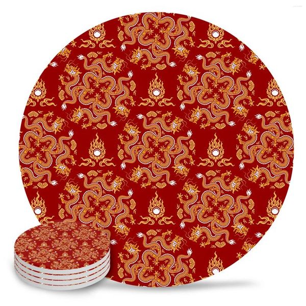 Tapetes de mesa Dragão Red Background Cerâmica Conjunto de chá de chá de chá Co -russa Acessórios de cozinha Round Placemat