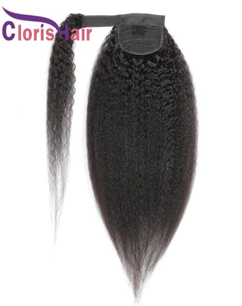 Coda di cavallo dritti stravaganti 100% di capelli umani brasiliani avvolgenti intorno alla clip in estensioni per donne nere yaki yaki vera cornice coda di cavallo9903976