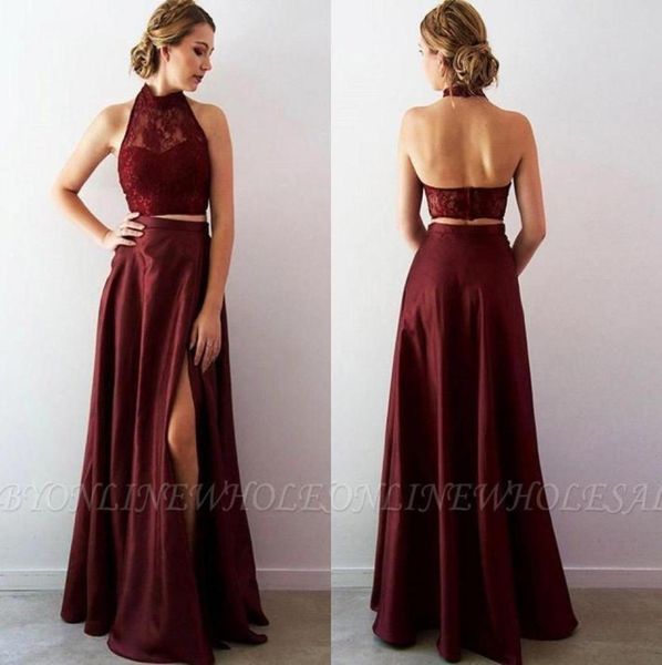 Maroon 2 Stück Abschlussabendskleid sexy Spitze Aline formelle Partykleid billige Plus -Größe High Neck -Festzugskleider maßgeschneiderte BC18831832917