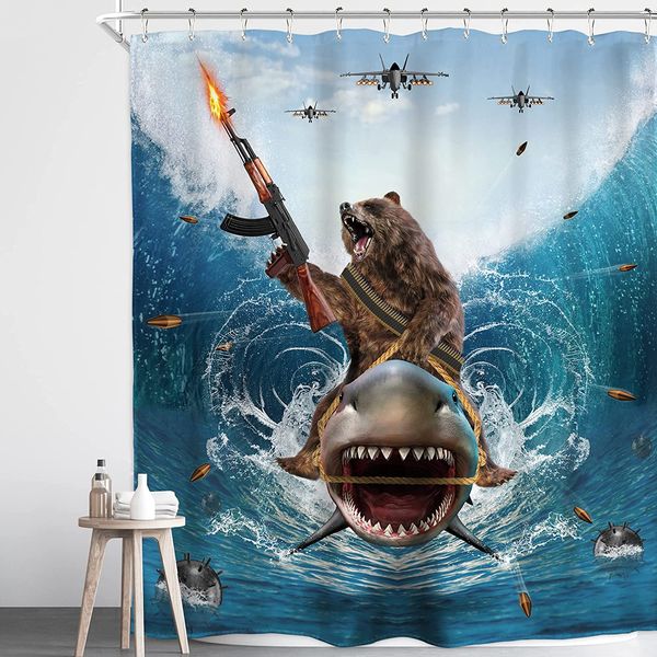 Cortinas engraçadas de chuveiro de gato ondas marinhas Birds tubarão fofo dinossauro unicórnio divertido animais infantis decoração de banheiro infantil conjuntos de cortinas