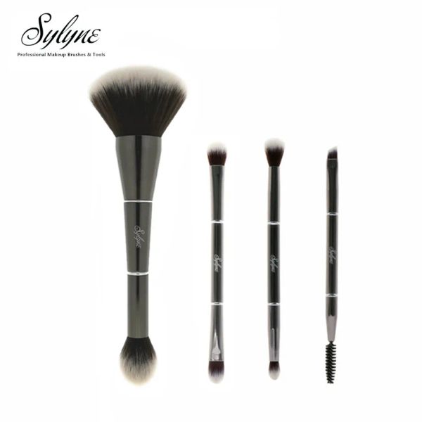 Shadow Sylyne Make -up -Bürste Set 2 in 1 doppelt beendete 4 -Pieces Gesicht Augenmischung Kabukiki -Pulver Lidschatten Augenbrauen Make -up Pinsel