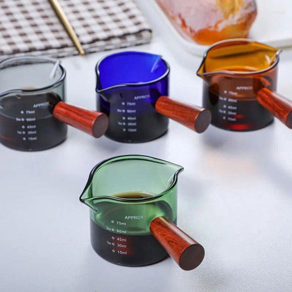 Occhiali da vino manico in legno in vetro misurazione di misurazione tazza di calore resistente a doppia bocca di latte per latte per caffè.