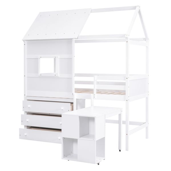 Cama de loft de tamanho duplo, formato de casa cama infantil com mesa de armazenamento e baú de 3 gavetas, cama de madeira maciça de tamanho duplo para crianças, branco