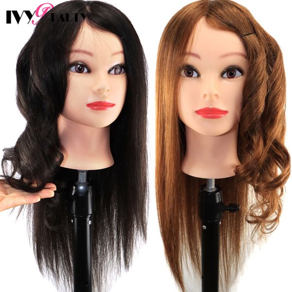 100% Human Hair Professional Hair Dresser Cosmetology Pratica scolastica Pratica testa manichino Styling Heads Training Dolls Head con Stand