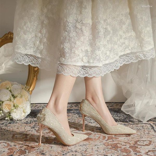 Scarpe da abbigliamento taglia 33-40 rinestone corona in pizzo mesh femminile da sposa pompe con tacco alto