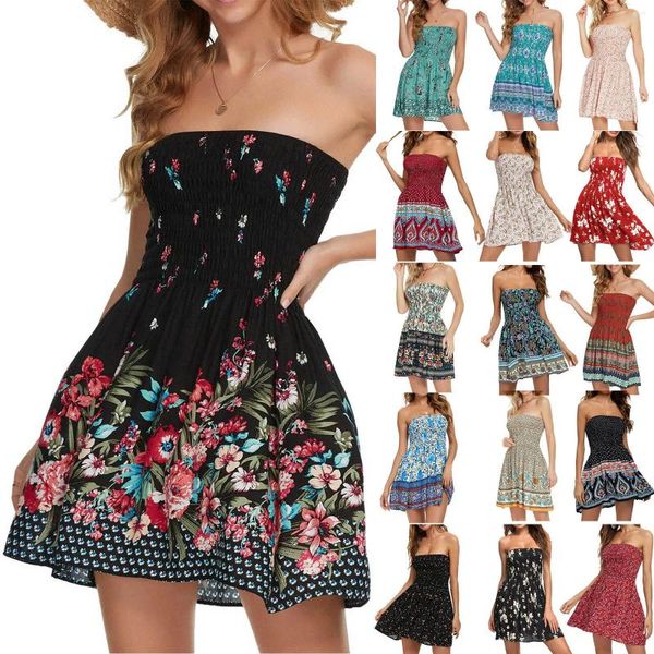 Vestidos casuais 2024 vestido de praia sem alças mulheres boêmioas estampas florais manto femme sem mangas envoltório peito boho vestidos