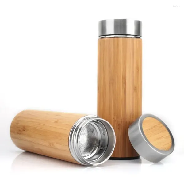 Garrafas de água Bamboo Copos de vácuo de casca de madeira criativa cor de aço inoxidável caneca de chá 350ml/450ml/500ml Botão de termo à prova de vazamento