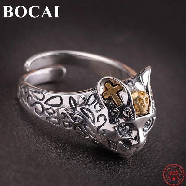 Bocai S925 Серебряные кольца стерлингов Классическая кошачья головка Крест Крест регулируемый ручный орнамент твердые ювелирные изделия для женщин Men240412