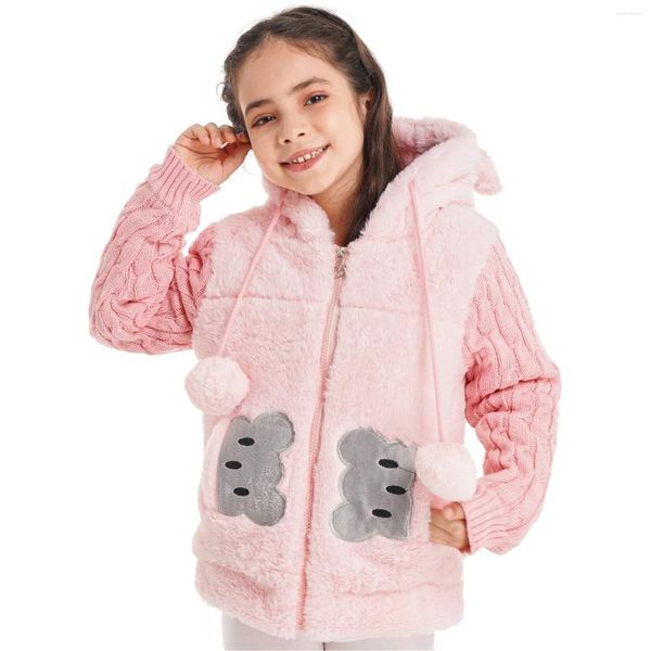 Джакеки Зимние девушки 2024 Детская искусственная куртка с капюшоном милый мультфильм мягкий пушистый пальто мода с длинным рукавом тепло