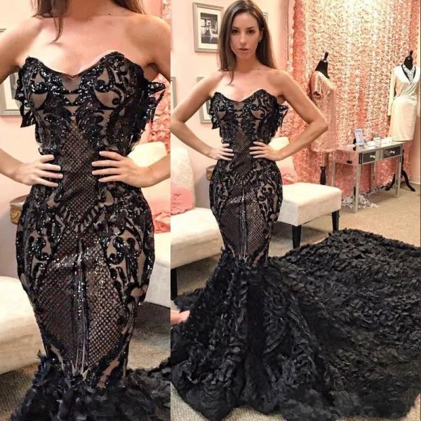 Glamouröse Meeresjungfrau Abendkleid Pailletten Perlen Schatz Ausschnitt Schwarz 2024 Prom Kleider Sweep Zug Spezielle Anlässe Kleider