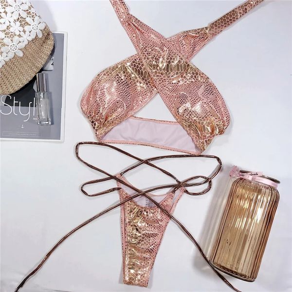 Mulheres fax couro de biquíni dourado conjunto de lantejoulas de lantejoulas de sutiã Bandeau de maiô Glitter Glitter Beach Swimble Halter Halter Bathing Suit de 240409