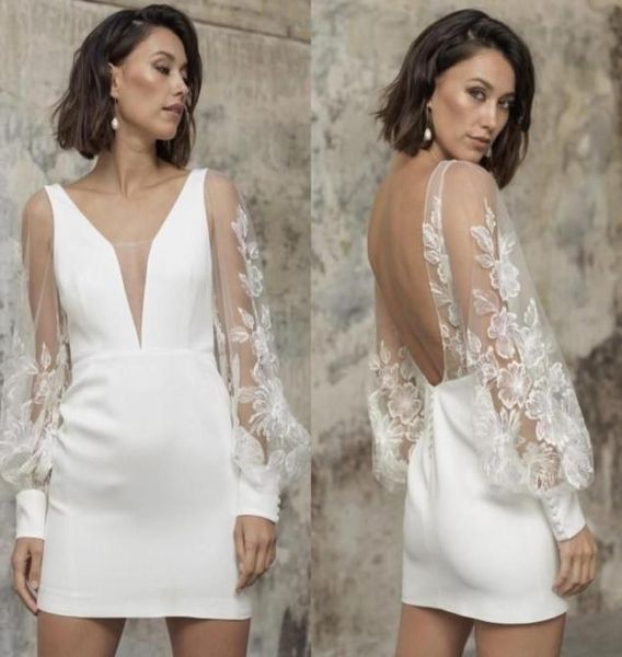 Chick kurze Hochzeitskleider für die Braut zweite Empfangskleider Spitzen Langarm mit offener Back Party Vestido de Novia2354760