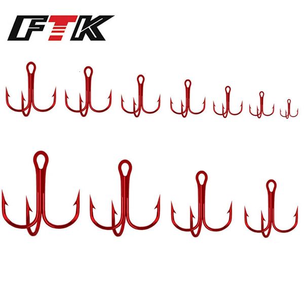 FTK 50pcs Ganchos de pesca 1# -12# Vermelho Fishhook Triple Fishhook Opeding de pesca de pesca de alto carbono ganchos de aço carbono 240328