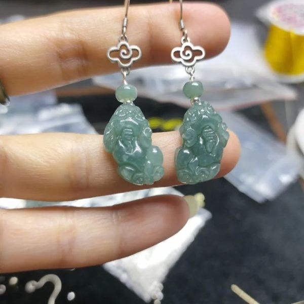 925 intarsio inlay birmano smeraldo giada blu acqua pixiu anello anello di orecchini perline naturali regolabili femminili gioielli personalizzati