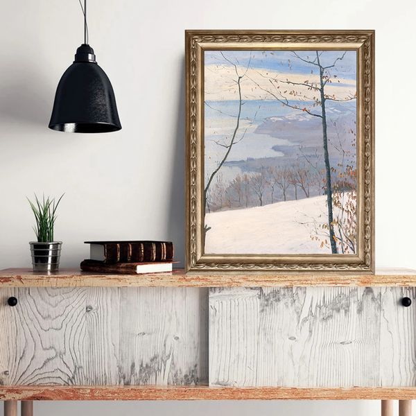 Nordic Vintage Winter Snow paesaggio di pittura di tela poster Analni rustici Animali di coniglio Arte Wall Art Immagini