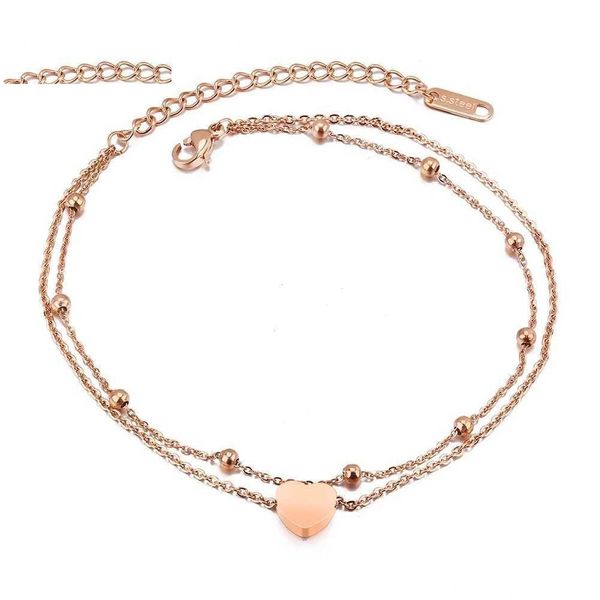 Cavigliere Kongmoon Charm Heart Piccola palla rosa oro rosa Donne piede gioielli a doppio strato in acciaio inossidabile Bracciale alla caviglia regolabile dhsej