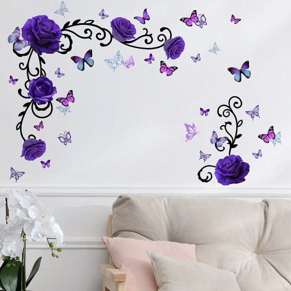 3d lila Blumen Weinbutterfliege Wandaufkleber Fernseher Schlafzimmer Bett Hintergrund Wohnzimmer Dekorative Wandtattoos Hausdekoration Wallpaper