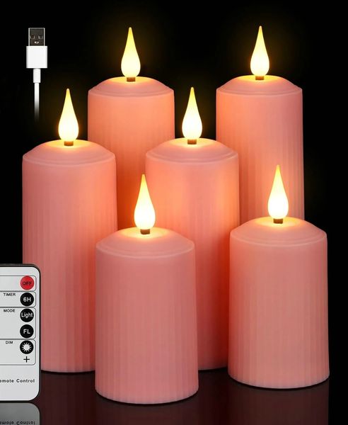 Set von 6 USB -wiederaufladbaren ferngesteuerten Wimer LED -Kerze Flameless Römische Säule im Freien wasserdichte Kerzen Licht 240412