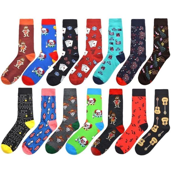 Hochwertige Männer Happy Socken Neuheit 14Color Cartoon Clown Gitarrensocken Männer Kämmte Baumwollcalcetinen Largos Hombre 2pcs1pairs7368463