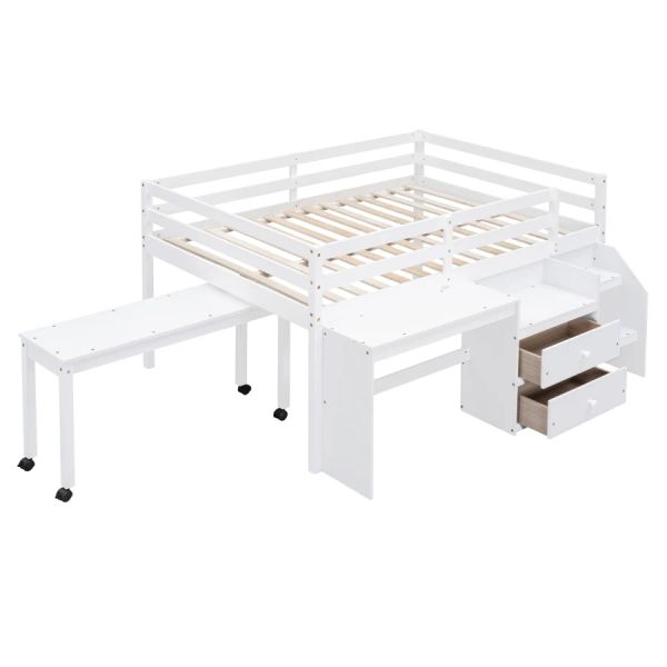 Полноразмерная кровать для чердака с столом и ящиками, многофункциональная деревянная кровать чердака с боковым портативным столом, легкая сборка, детская спальня