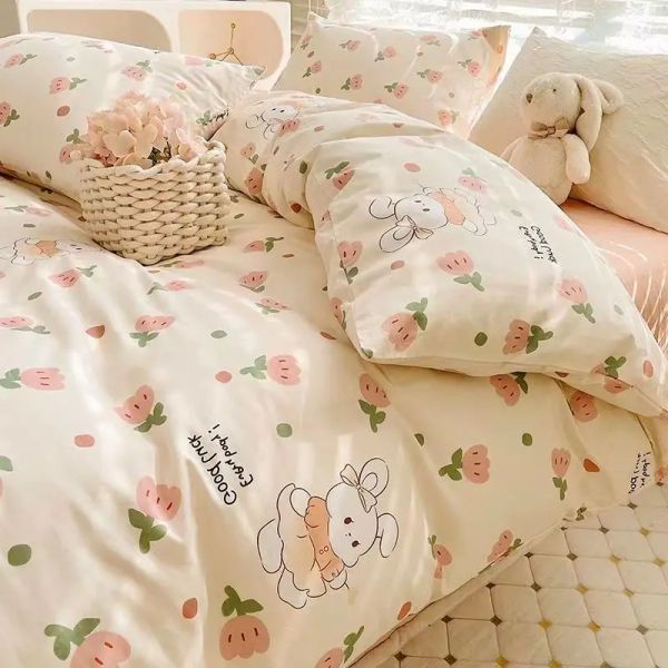 Bedding Floral Conjunto sem enchimento Kawaii Rabbit Toupet Capa de folha plana travesseiro de cama macia linho único Têxtil de dormitório completo