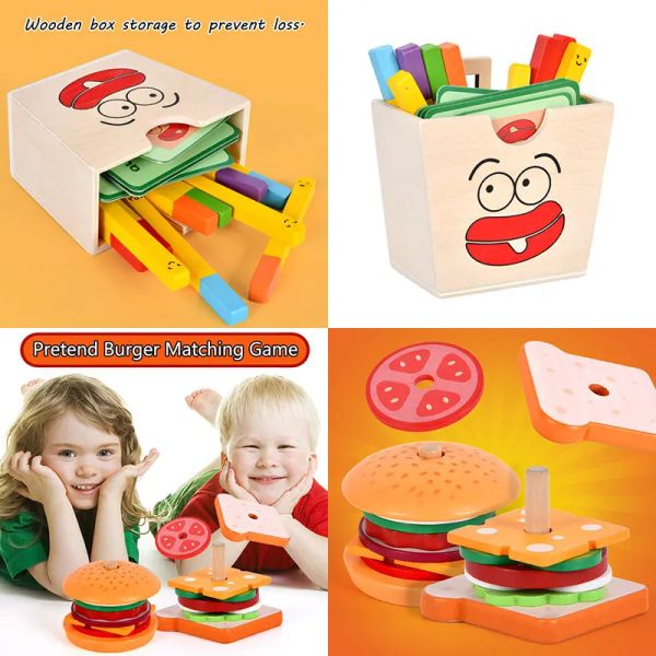 Kids Montessori Toys ha simulato Wooden Burger Fritte Sensory Shape Matching Logicical Pensiero di allenamento per le attività del Partito Game da tavolo