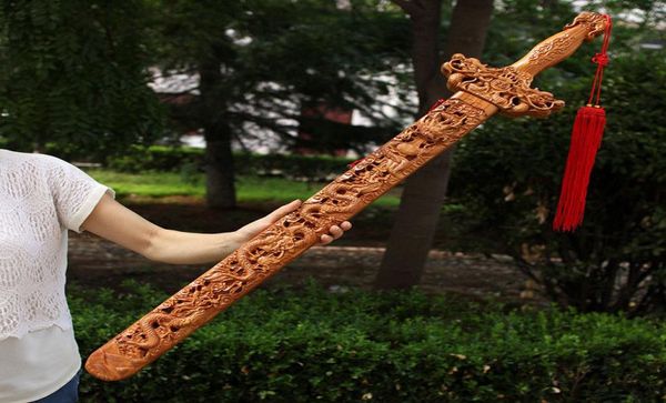 40quot Comprimento nove dragão de madeira esculpida espada pêssego decoração de dragão de madeira shipp2723617