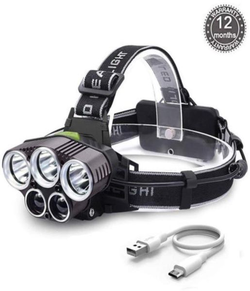 Super Bright 5000lm 5x XML T6 LED LED Recarregável Cabeça USB Cabeça Luz Zoomable Impermenda 6 Modos Tocha para pescar Camping Hunt5424449