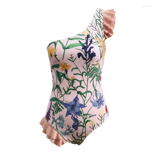 Menas de banho feminina Buno de banho abundante de um ombro de um ombro floral Skort One Piece Beach Dress Bikini Designer Bathing Suacher Surf Wear Girl
