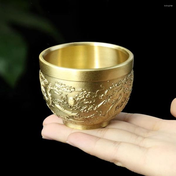 Tazze di piattini da 1 pc Drago intagliato in rame e phoenix tazza da tè tazza di vino set antichi in metallo ornamenta