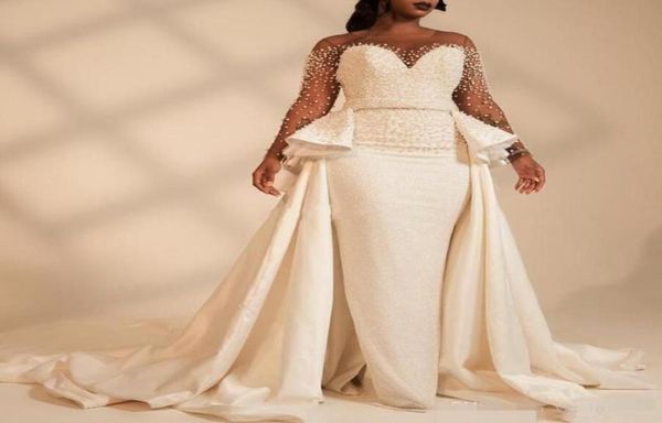 2019 Africano plus size sereia vestidos de noiva de luxo pérolas com cetim vestido de noiva vestido de trem Vestido de novia3454388