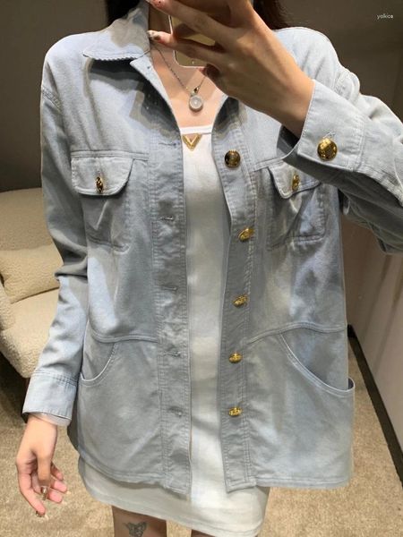 Bloups feminina Camisa de estilo de namorado solto casual simples e versátil Base de jeans de manga longa de mangas compridas