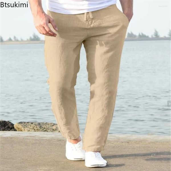 Мужские брюки льняная мода. Простая свободная шнурка для карандаша с упругим комфортом для комфорта талии, дышащие ежедневные брюки