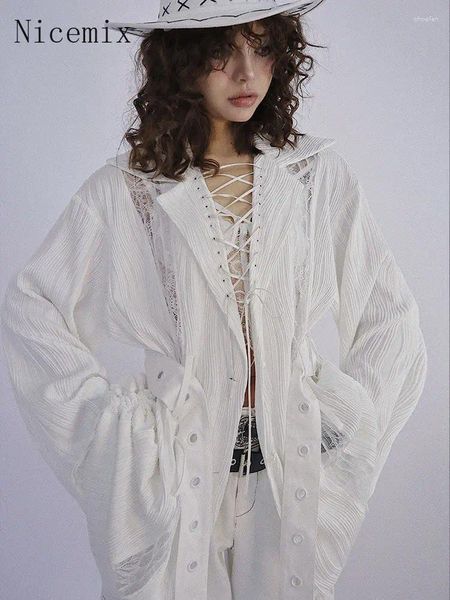 Frauenblusen Frühling Retro Falten Textur Krawatte weiße Hemden Frauen Top Korean Mode Outwear Lose Kausaler mitten Länge
