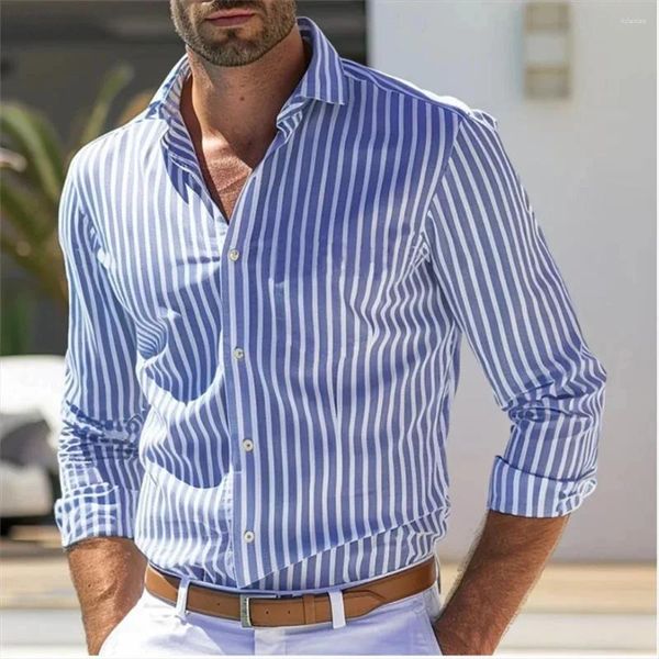 Camisa casual masculina botão de camisa preto azul azul de manga longa Lappel listrado diariamente resort desgaste de moda