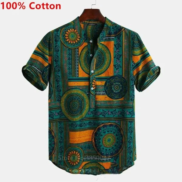 Mens African Roupos Dashiki Imprimir verão 100% Camisas de algodão masculino Tribal Hip Hop Tops de manga curta étnica para homens 240412