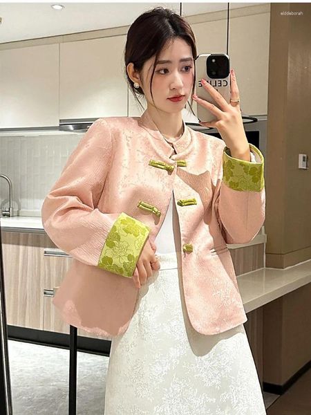 Jaquetas femininas Tang Suit de estilo chinês Top para jovens elegantes bordados de manga longa Roupas de botão impresso