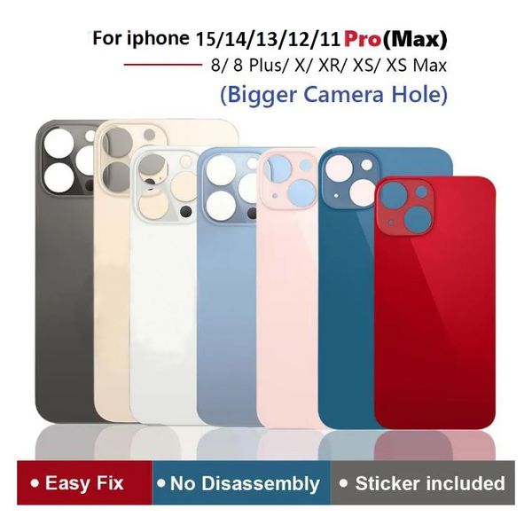 Alloggiamenti di vetro posteriore di grande buco di qualità OEM per iPhone 15 14 13 12 11 Pro Max Plus Se Mini X XR XS Coperchio posteriore Copertina con adesivo