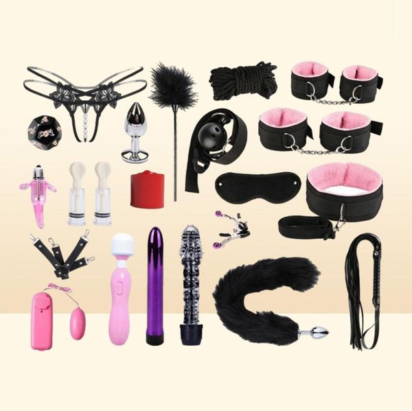 Set Sm Torture Strumento per adulti Prodotti divertenti Flirtare con le schiave sul letto alterano le manette di legame e le fruste YM099132756