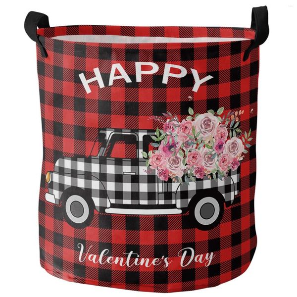 Wäschetaschen Valentinstag Red Plaid Truck Blumen schmutziger Korbklappkörbe Kleidung Kleidung Kinderspielzeug Aufbewahrung