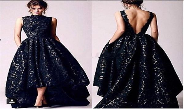 Vintage Black Dantel Hi Lo Akşam Elbise Bir Çizgi Kapağı Kollu Seksi Sırtsız Resmi Parti Gowns Özel Yapım Robe6375605