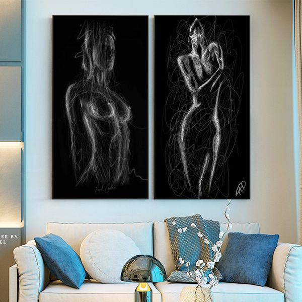 Linhas brancas pretas Art Art Sexy Mulher Body Canvas Pintura Arte da parede Abstract Aesthetic Poster Prints for Living Room Home Decor